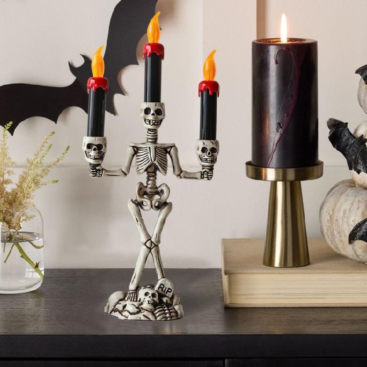 Halloween Skeleton Candle Holder with Flameless Candle LED Light Decorative Table Lamp for Halloween Party Centerpieces