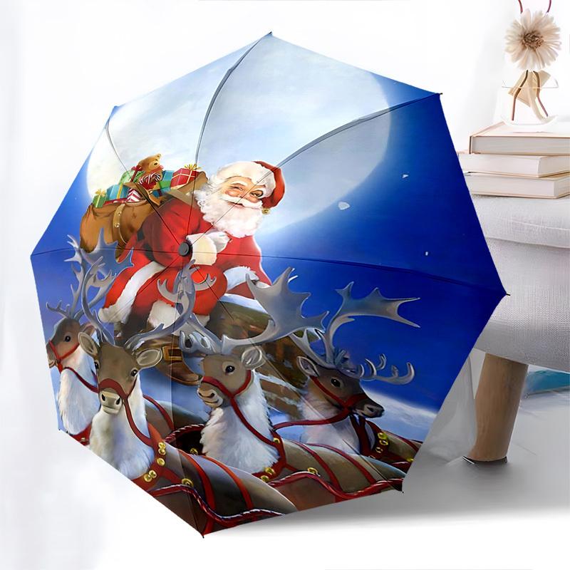 

1pc Christmas Santa Claus Reindeer Sleigh Automatic Opening/Closing Umbrella, Festive Gift for Fans, Travelers, Daily Use, Portable 3-Fold Design with