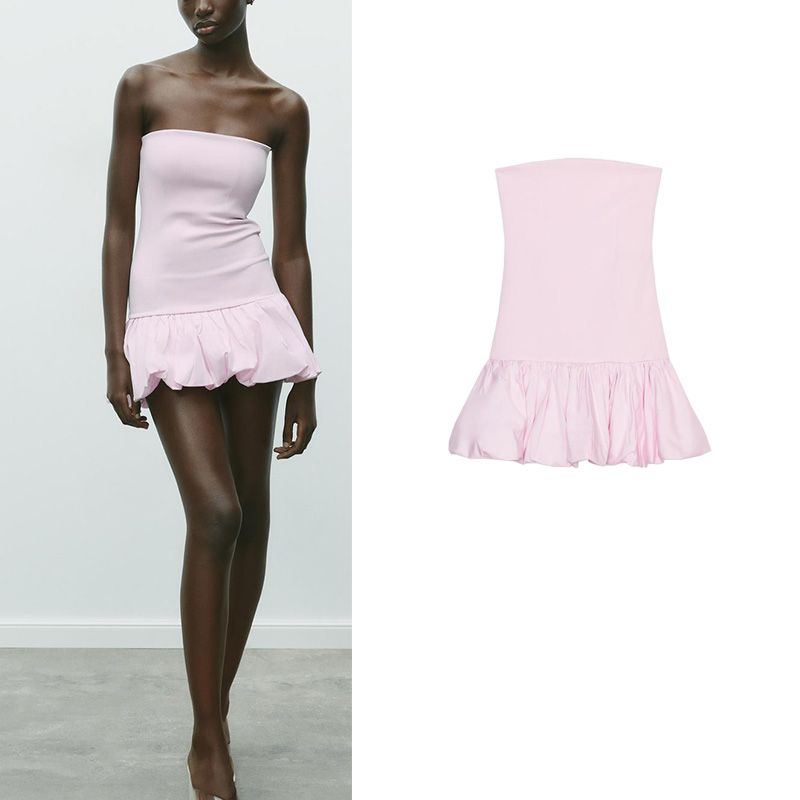 Spring and Summer New Women's Clothing Birthday Party Balloon Version Bandeau One-Shoulder Straight Collar Dress 3641362