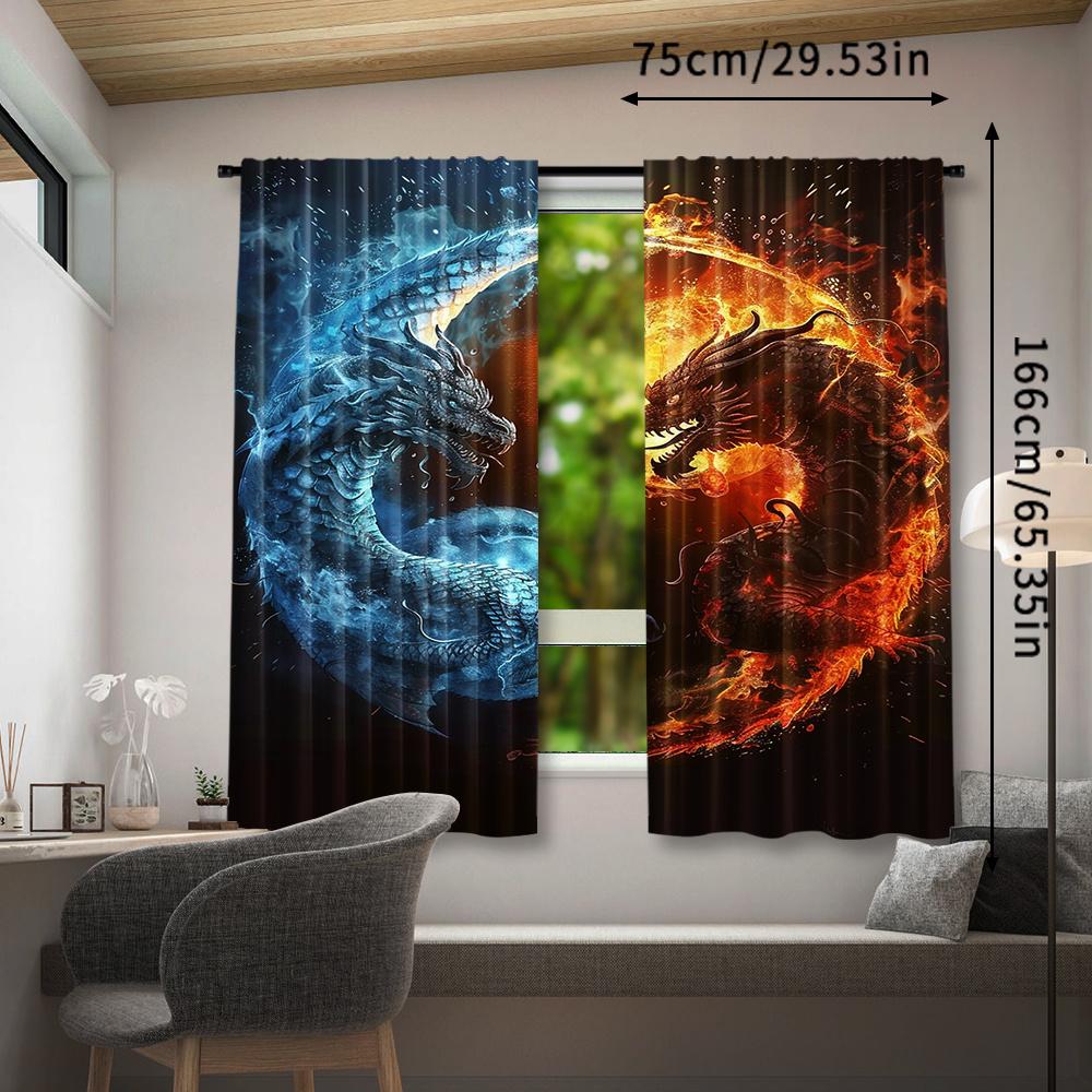 2pcs Dragon Rod Pocket Curtains   Woven Polyester Pongee Blackout Panels   Tai Chi and Fire Pattern   Semi-Sheer Embossed Window Dr