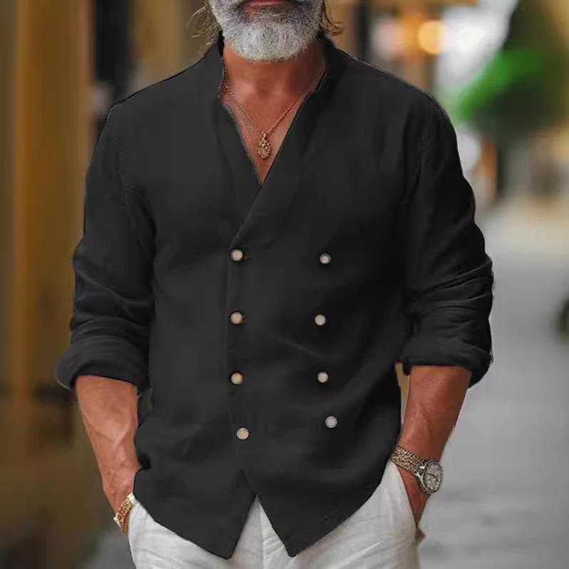 

Men s Plus Size Double-Breasted Cotton-Linen Long Sleeve Cardigan with Stand-Up Collar XL чорний