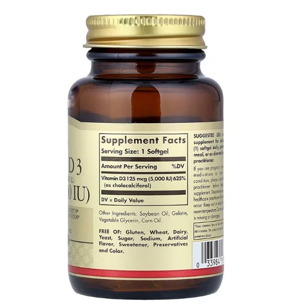 Vitamine D3, Cholecalciferol, Vitamine D3 5000 Softgel, Solgar 100gelcaps (36313138)