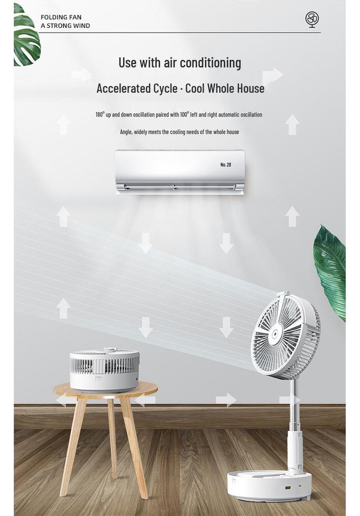 Portable Outdoor Folding Telescopic Fan with USB Rechargeable Battery, Remote Control, Oscillating Head, and Floor Spray Feature.