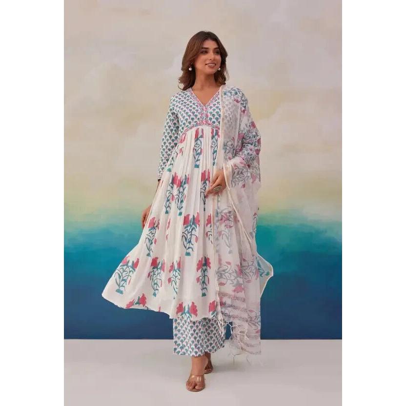 Indian Cotton Rayon Kurta Pant Dupatta Set Women Bollywood Salwar Kameez Kurti VF-20138