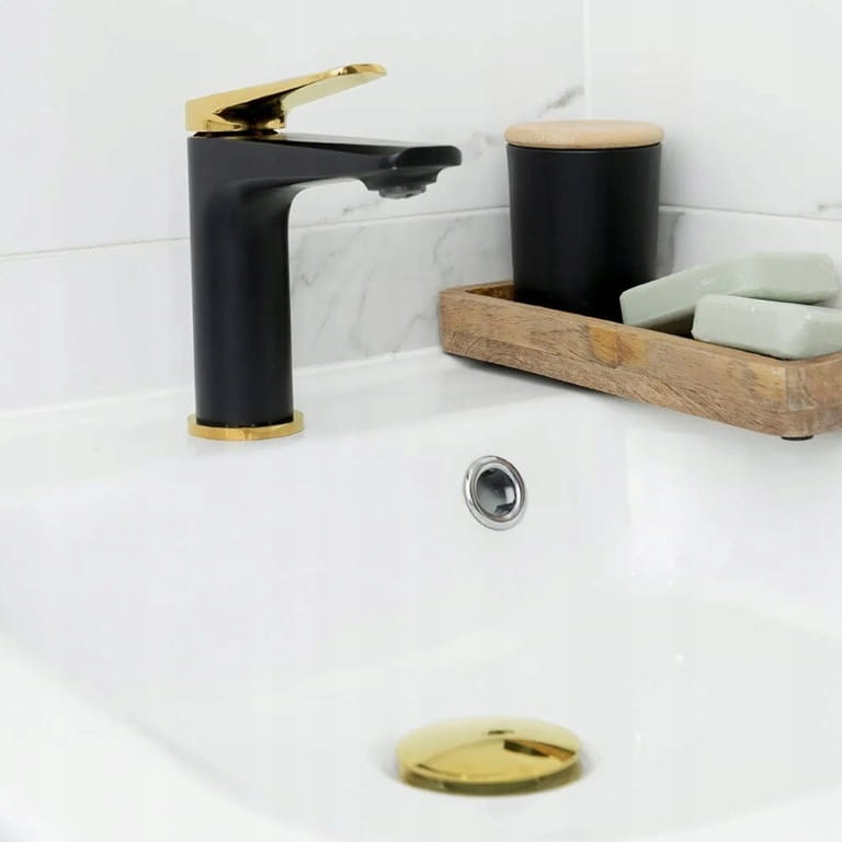 Rubio low black-gold free-standing washbasin tap with click-clack stopper