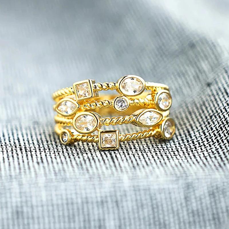 Huitan  Gold Color Women Rings Multi-layers Crystal Cubic Zirconia Design Modern Statement Female Finger Ring New Jewelry