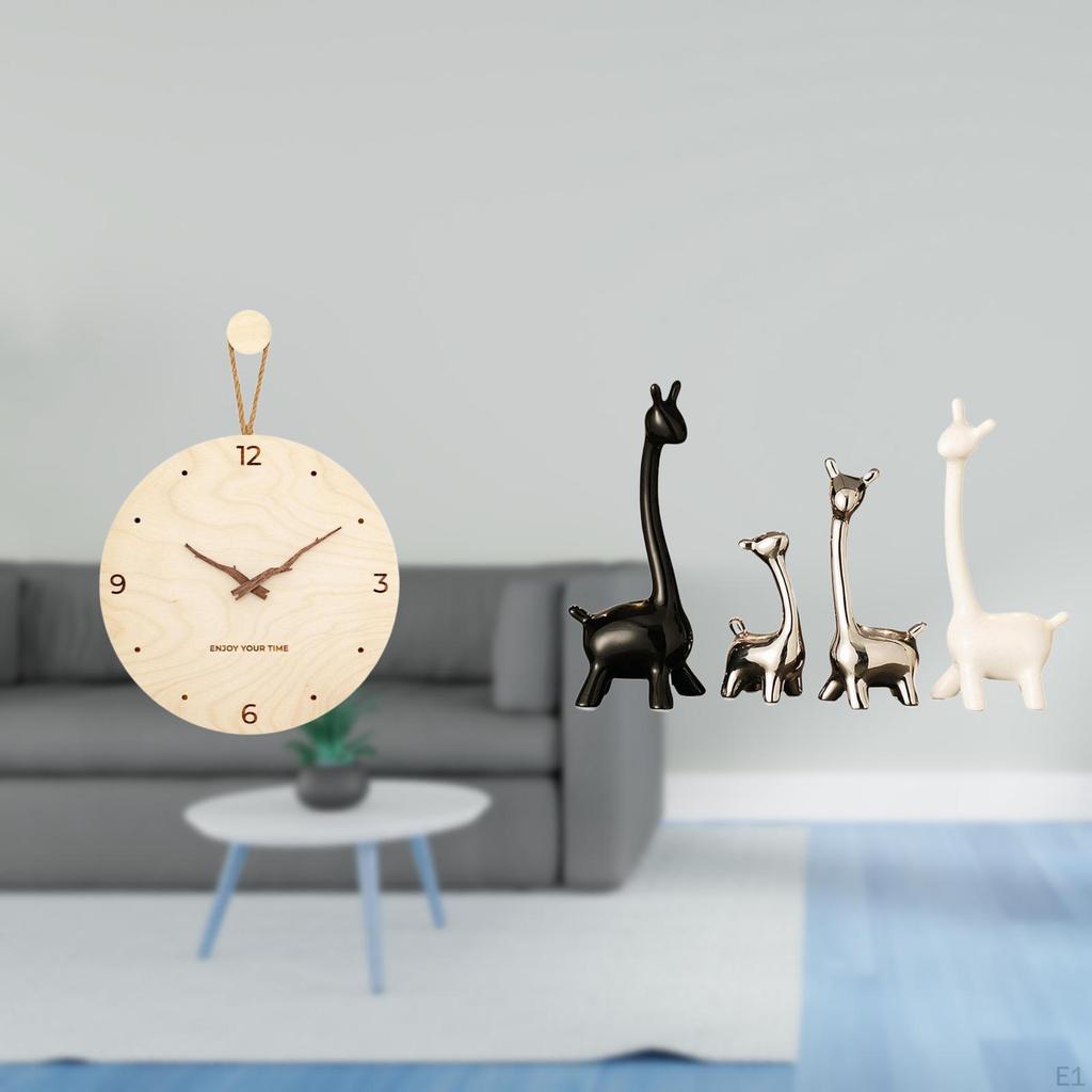 Minimalist Modern Nordic Wood Wall Clock And Ceramic Giraffe Figurines Statue Decorative Centerpiece