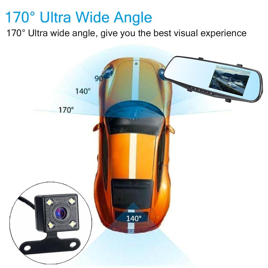 New 4.3 Inch Dual Lens 1080P 170 Degree Car DVR Dash Cam Video Recorder 720p 140 Degree Rear View Mirror Camera