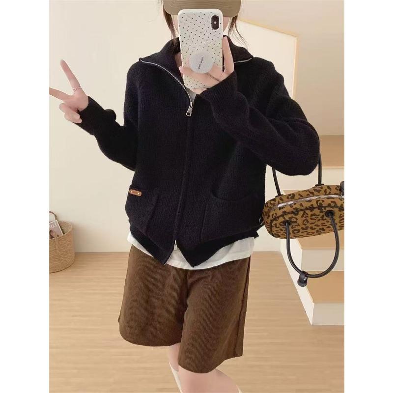 Autumn and winter lapel collar double zipper solid color double pocket casual cardigan temperament thin versatile lazy style knitted sweater