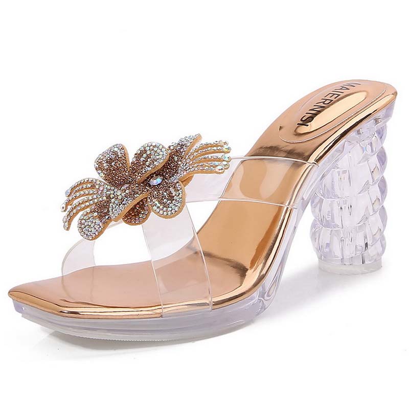 

Lady Rhinestone Flower High Thick Sandals Peep Toe Crystal Heel Slide Sandals for Outdoor Office Nightclub Party Wedding Banquet 43 шампанського