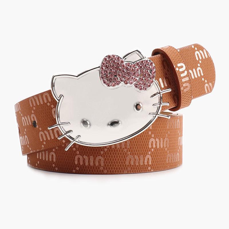 Metalowy Pasek Damski Hello Kitty z Nadrukiem Litery i Cyrkoniami do Codziennego i Eleganckiego Ubioru