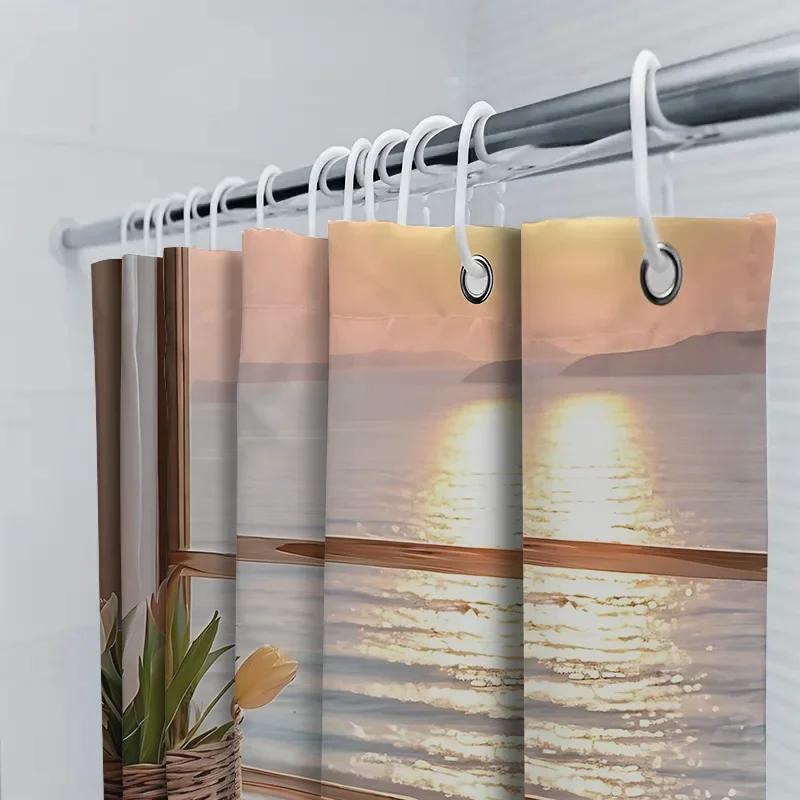 Elegant Sunset Window Shower Curtain Nature Inspired Home Modern Art Design Waterproof Polyester Eco-Friendly Fabric