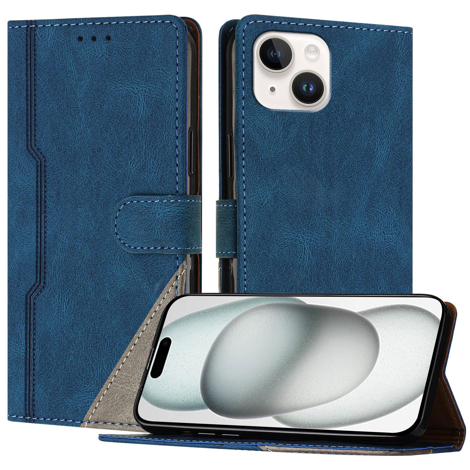 

For iPhone 15 Leather Case Triangle Patchwork Wallet Stand Shockproof Phone Cover Blue