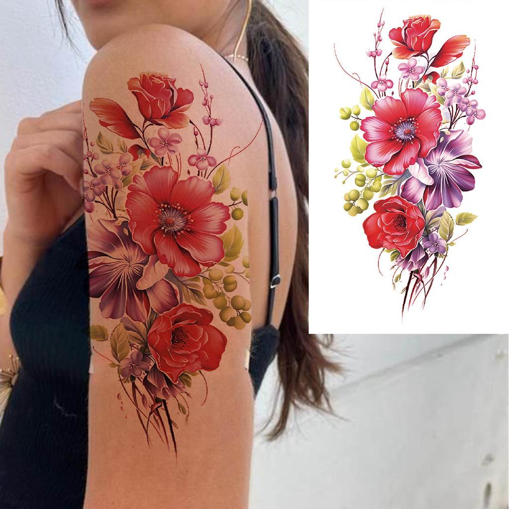 1 Sheet 3D Flower Temporary Tattoos Sleeve For Women Girls Watercolor Peony Rose Sexy Tattoo Sticker Water Transfer Transferable