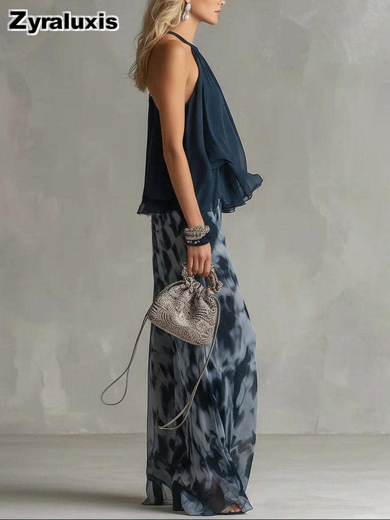 Summer New Sleeveless Vest Top & Printed Wide Leg Pants Chiffon Set
