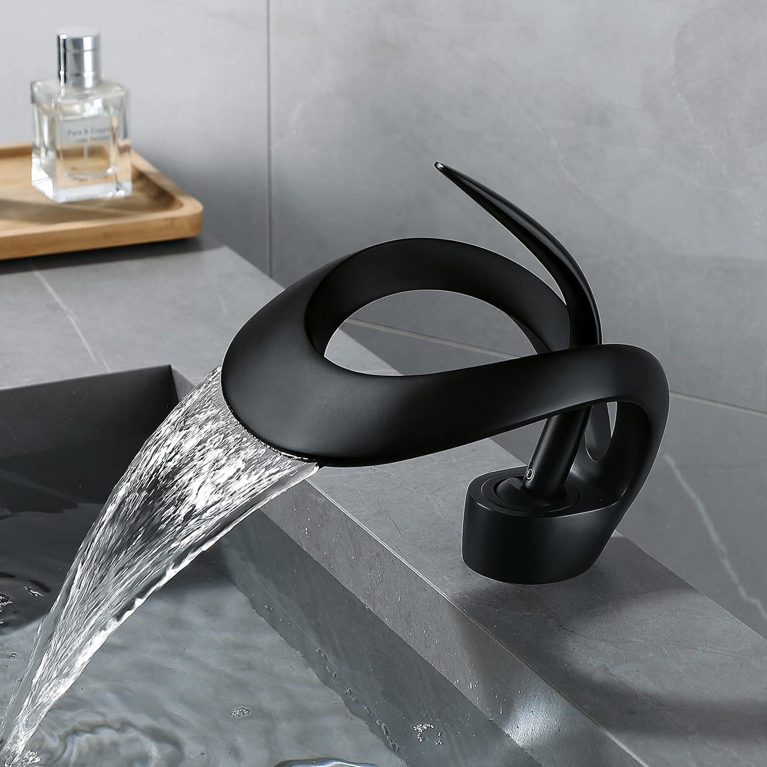 

Waterfall Single Handle Bathroom Sink Faucet Art Curved Shape Basin Mixer Tap