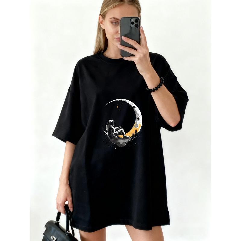 Oversized T Shirt Dress Black Moon And Cityscape Print Casual Streetwear For Women