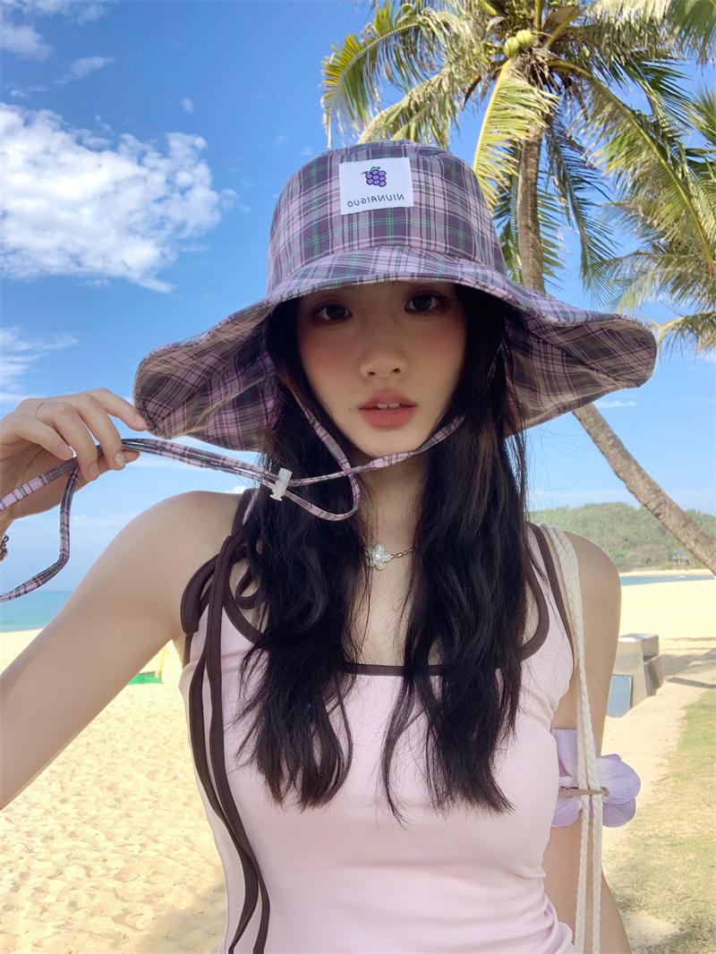 

Летняя свежесть~ фруктовая наклейка красная клетка шляпа-ведро с большими полями женская весенне-летняя дорожная отпускная шляпа для защиты от солнца Adult (56-58cm) фиолетовый