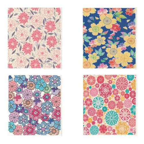 Kiyo no Yume Sponge Wipes, Cellulose Kitchen Cloths, Natural Fiber, Set of 4, 17x19cm, Original Design, Absorbent, Quick-Drying, Floral Design