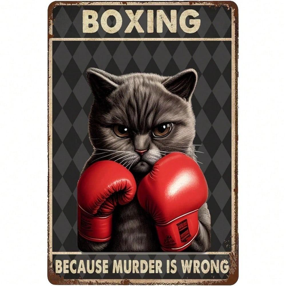 Vintage Boxing Cat Tin Sign Humorous Wall Art Retro Metal Poster Garage Decor