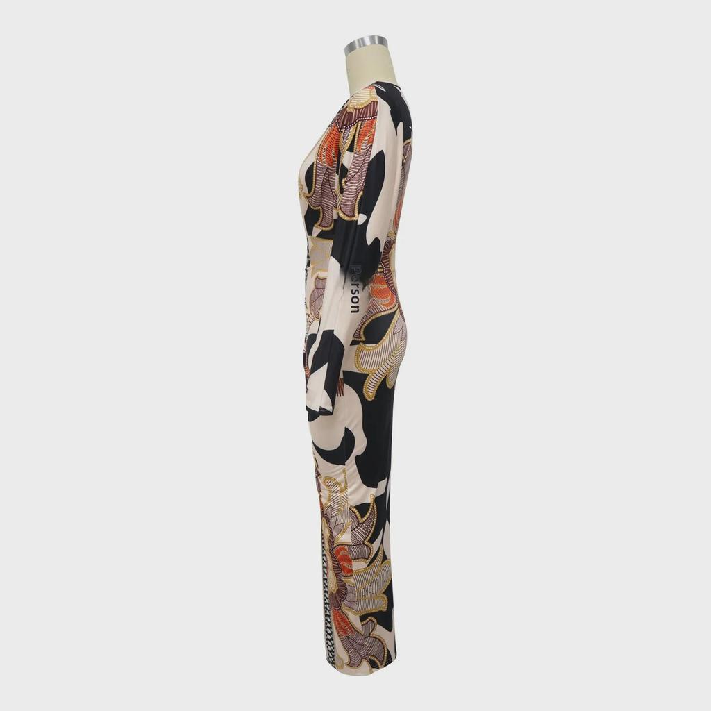 10798 European and American Women's Plus Size V-Neck Long Sleeve Slit Dress with Colorful Print