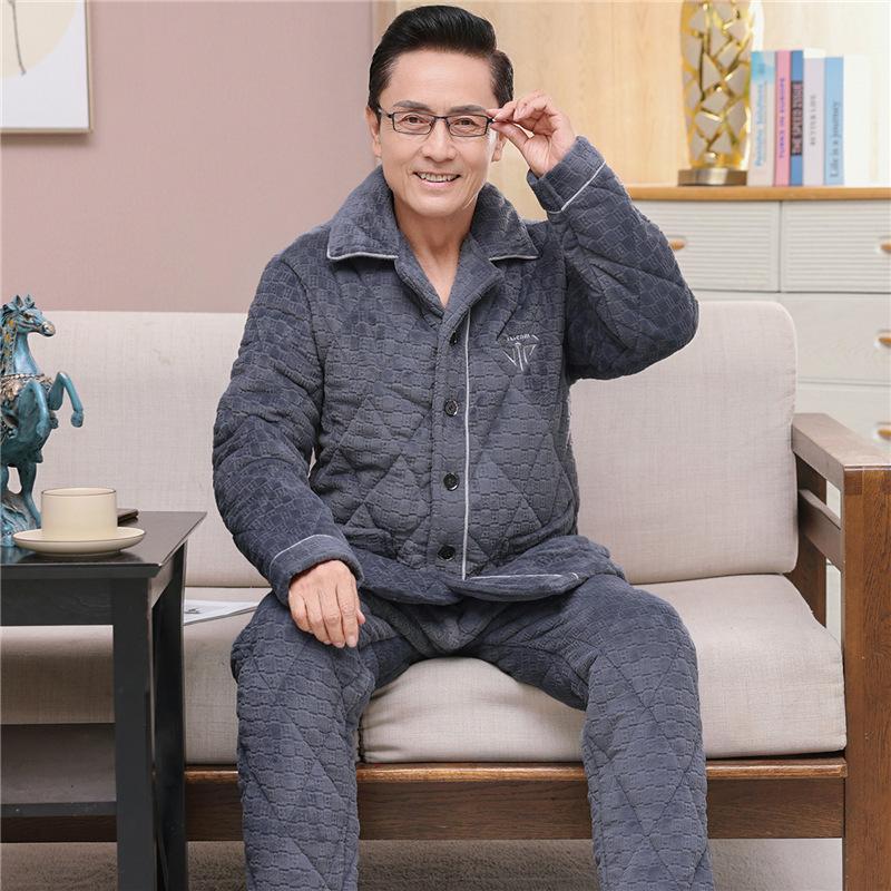 Winter Coral Fleece Men's Pajamas Three-layer Thick Quilted Middle-aged and Elderly Grandpa Flannel Home Service Padded Jacket Suit