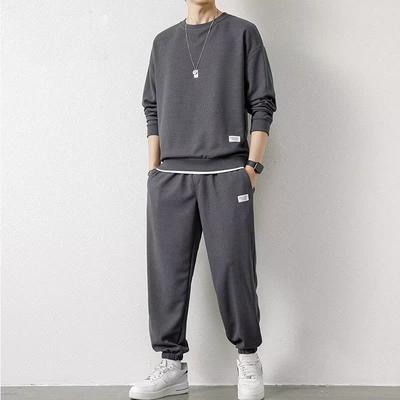 Spring Men's Waffle Long-sleeved Suit Solid Color Loose T-shirt Youth Casual Two-piece Suit