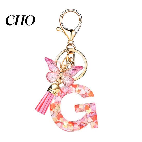 Pocket Keychain Pink Series Pendant, Sequins Heart Initial Letter Charm Key Chain with Backpack Butterfly Tassel Design, A-Z Holder for Bag