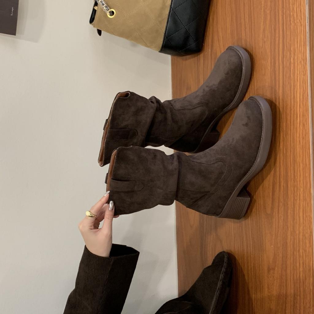 2025 New Autumn and Winter Round Head Suede Stacking Boots Pleated Thick-soled High Tube Thin Martin Women's Short Boots