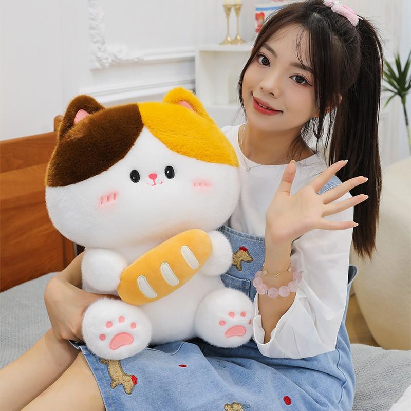 Soft Plush Cat Toy With Bread Design Kids Adults Stuffed Animal Pillow Sleeping Birthday Gift Arcade Prize