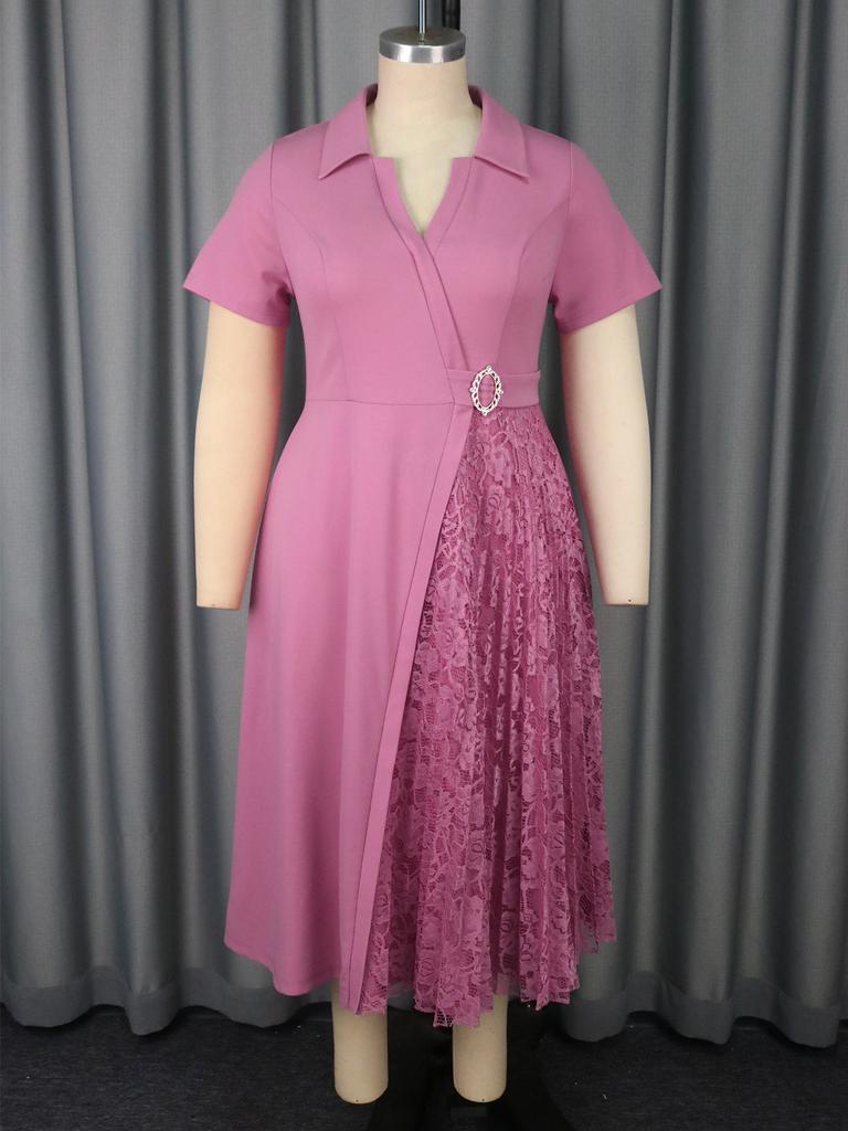 AOMEI Plus Size Women's Elegant Lace Panel A Line Midi Dress Short Sleeve Collared Dresses for Church Office Daily Wear