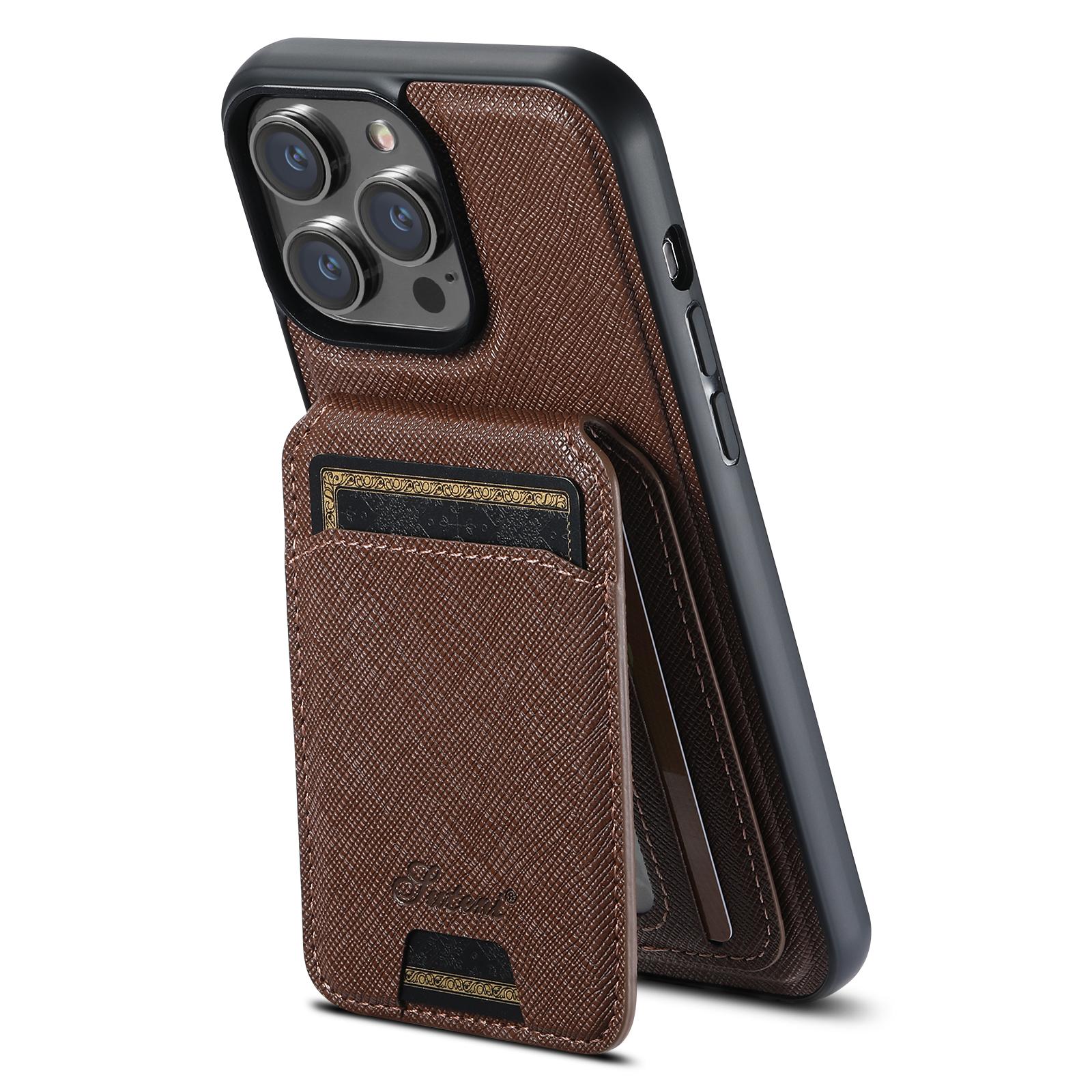

SUTENI H18 For iPhone 15 Pro Magnetic Case Cross Texture Leather+TPU Cover with Detachable Card Bag Brown