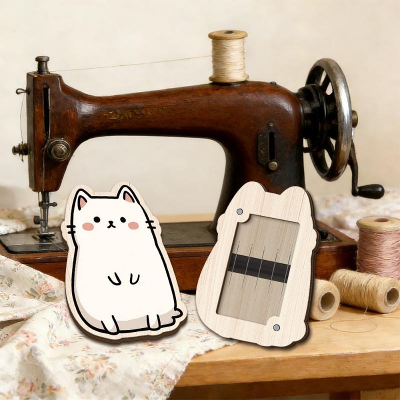 Cute Cat Wooden Needle Storage Box Magnetic Sewing Pin Holder Wood Needle Organizer For Handmade Craft Home Use