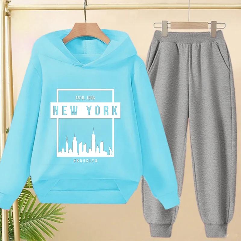 Spring Autumn New York BrookLyn Letter Print 2pcs Hoodie+Pants Tracksuits 3-13 Years Boys Girls Streetwears Children Clothes