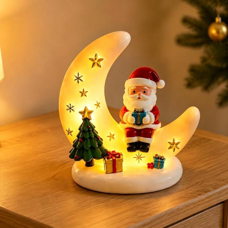 Curved Moon Santa Christmas Decoration with Warm LED Light, Seasonal Tree and Gift Figures, Plus USB Power for Indoor Desk, Shelf and Window Displays