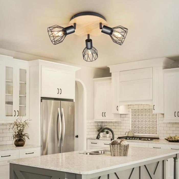 Plafonnier led - kimjo - 3 spots orientables - métal et bois - noir - e14 40w