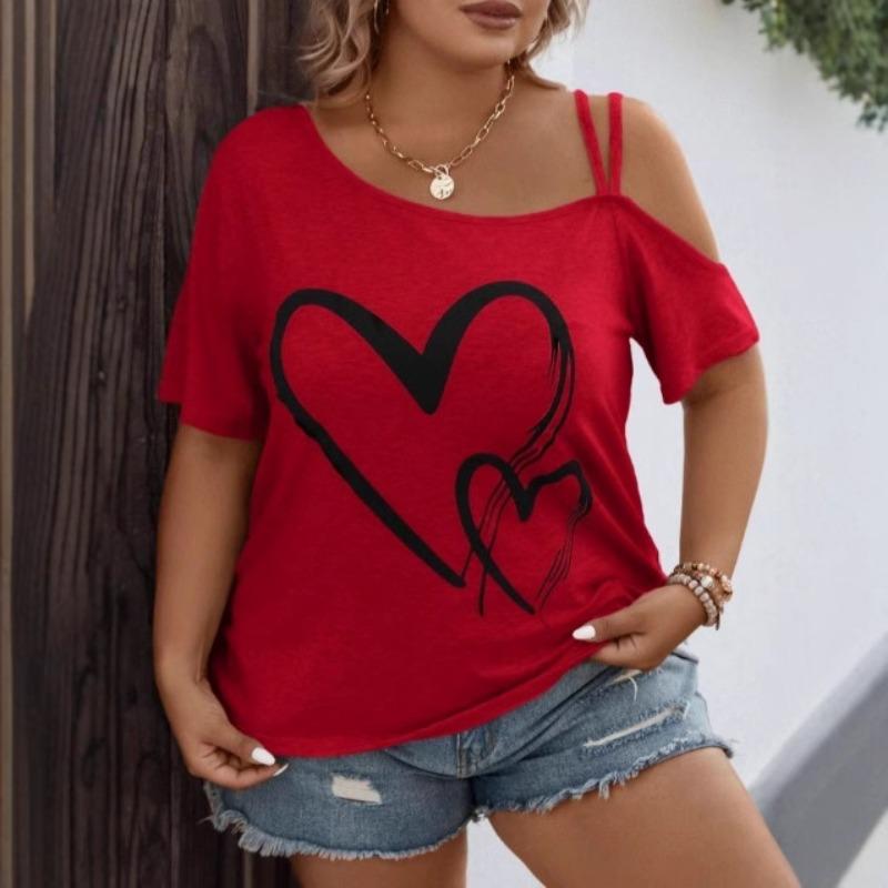 

Large Casual Asymmetrical Collar with Heart-shaped Printed Suspender and Elastic Short Sleeves Women s T-shirts S червоний