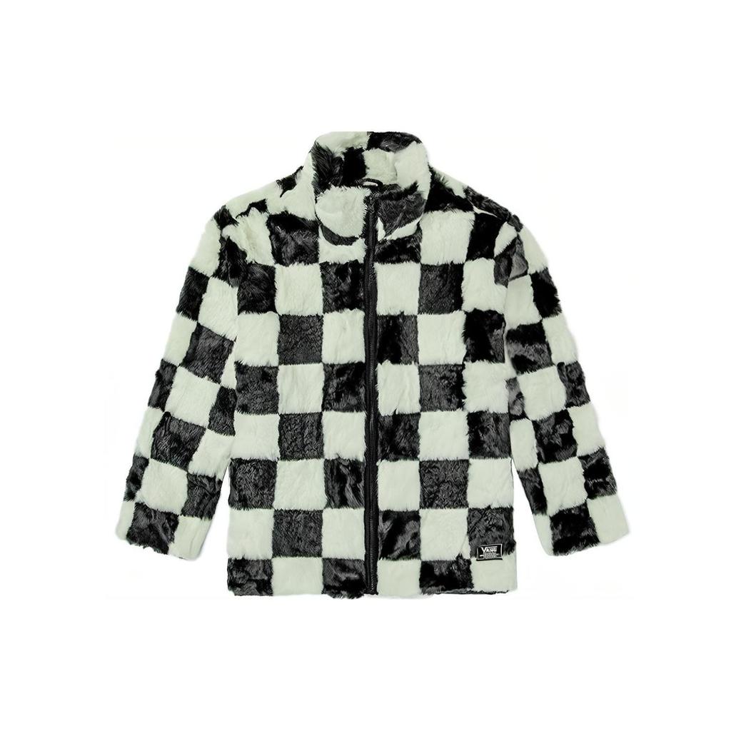 Vans Black and White Checkerboard Faux Fur Stand Collar Zip-Up Jacket VN0A5LJ5705