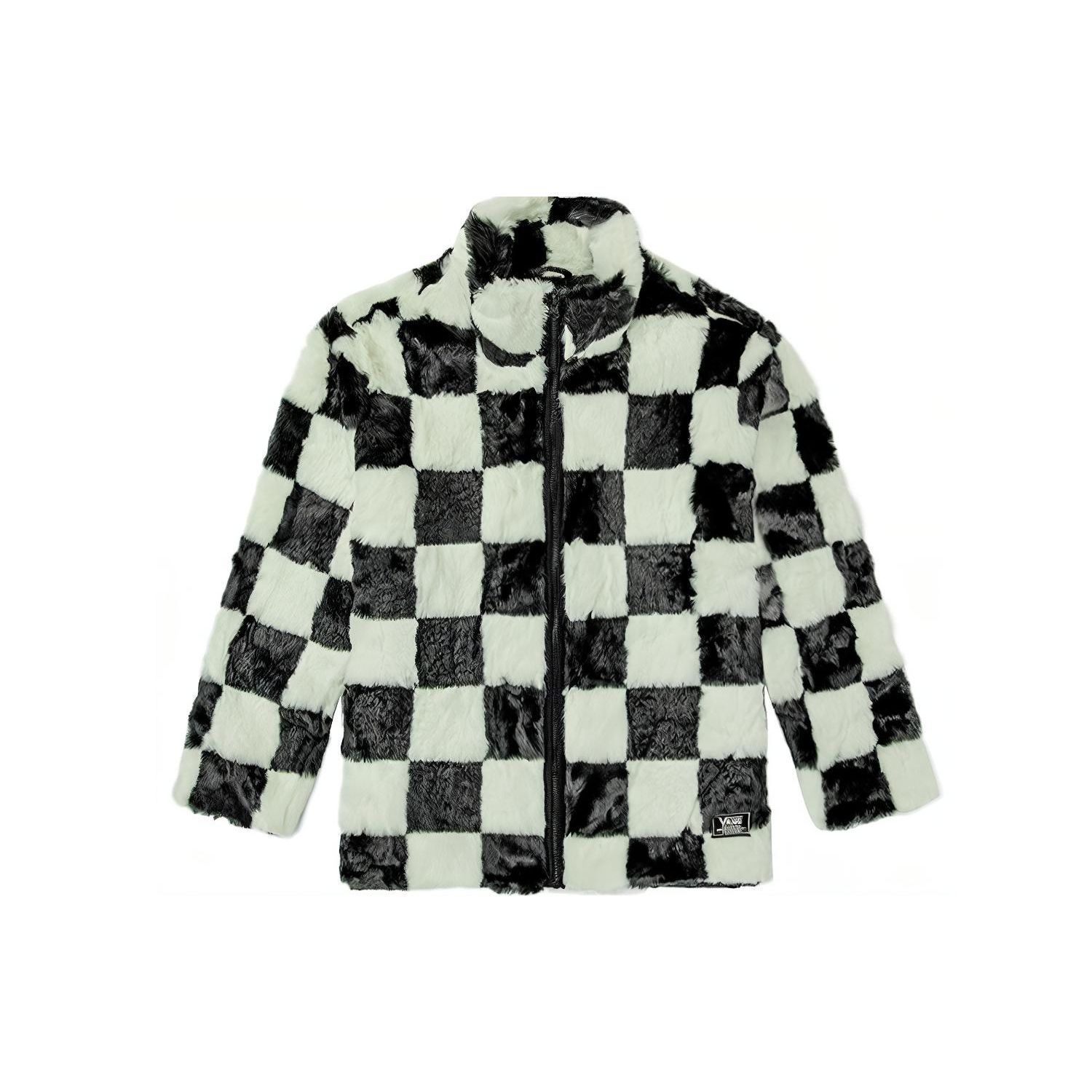 Vans Black and White Checkerboard Faux Fur Stand Collar Zip-Up Jacket VN0A5LJ5705 M