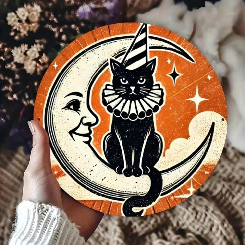 Vintage Cat Moon Halloween Metal Wall Art Sign 8x8 Inch Round Bar Cafe Decor Iron Tin