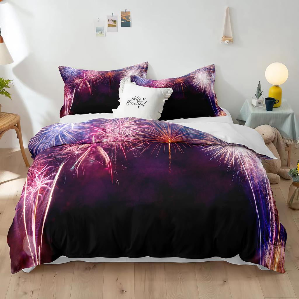Blue Fireworks Duvet Cover Set 3D Romantic Theme Beautiful City Night New Year Festival Accessories for Kids Teens Bedroom Decor