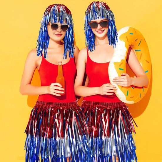 Yousheng Foil Tinsel Wigs And Fancy Dress Costume Disco Themed Fringe Outfit with Elastic Waist Metallic Cosplay Dance Supplies
