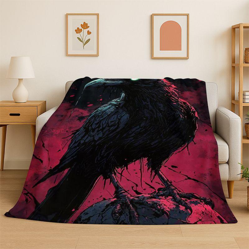 Gothic Raven Skull Crow Cartoon Flannel Blanket Soft Warm Throw Blanket For Bedroom Living Room Bed Travel Camping Picnic Cover