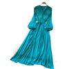 Retro elegant wind lantern sleeves V-neck lace splicing dress women's waist and thin temperament long dress