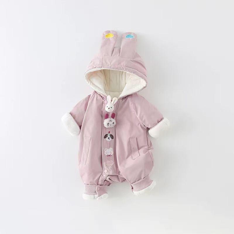 Baby Girl Velvet Jumpsuit - Warm, Cute Cartoon Hooded Windbreaker Onesie