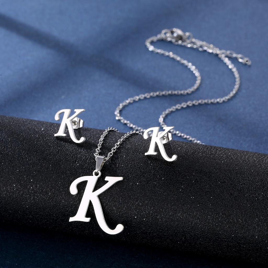 Fashion Alphabet Necklace And Earrings Set Shiny Colorfast Pendant Choker Jewelry