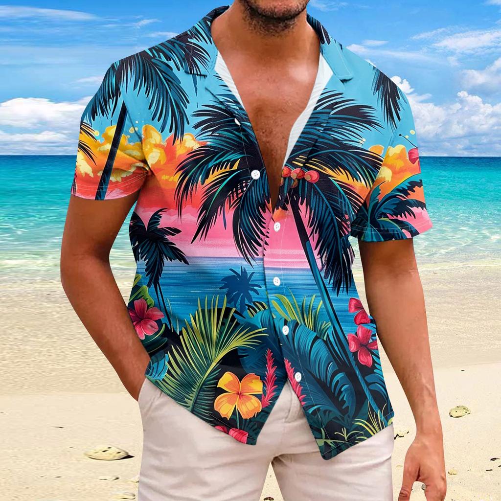 Shirt For Men Casual Fashion Summer Short Sleeve Buttons Printed T Shirt Top