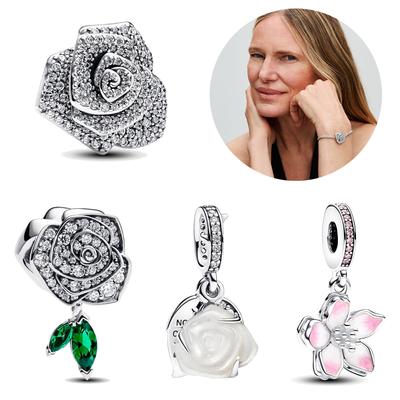 S925 Sterling Silver Sparkling Rose In Bloom Oversized Charm Fit  Charms Silver S925 Original Bracelet for Jewelry Making