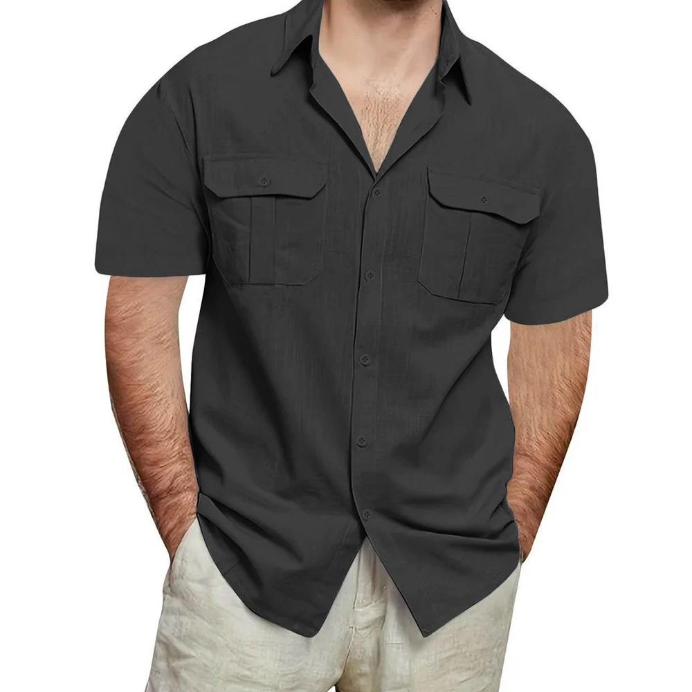 

Men s Linen Blend Short Sleeve Button-Up Shirt - Double Chest Pockets Casual Loose Fit Beach Workwear Top in Solid Khaki S чёрный