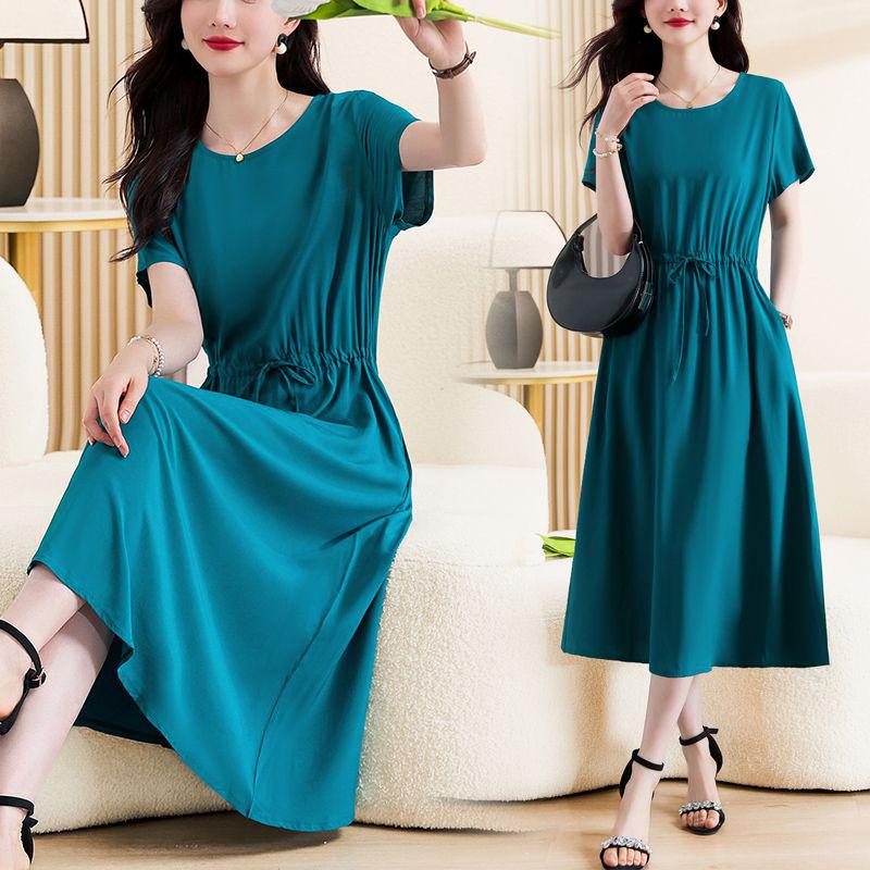 Fashionable Cotton Silk Plus Size Dress with Pockets for Middle-Aged and Elderly Women